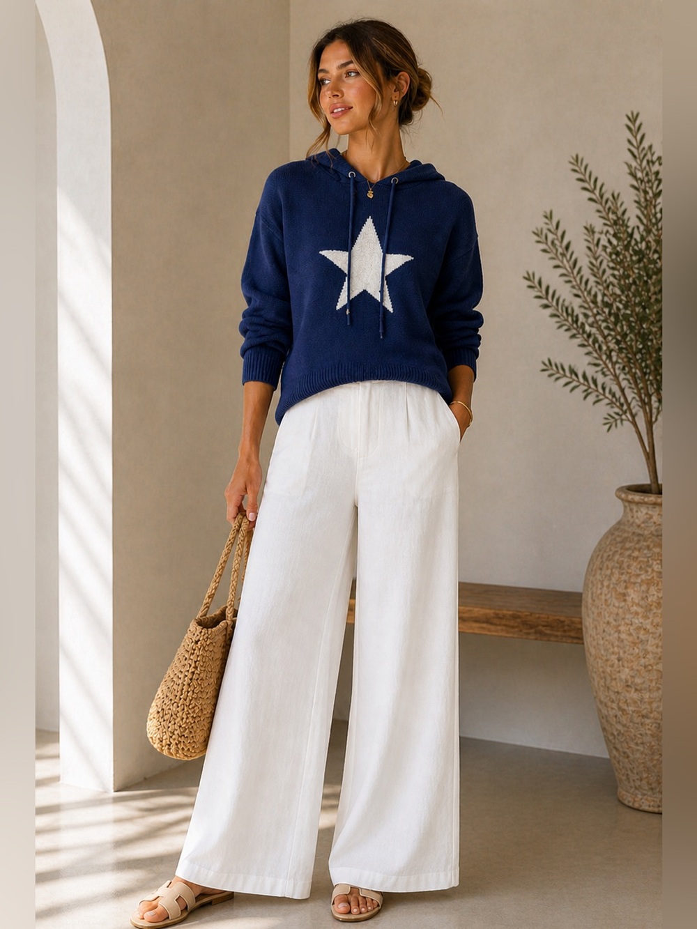 Blue Star Hooded Sweater Americana Coastal Preppy Knit Large Kathy Ireland